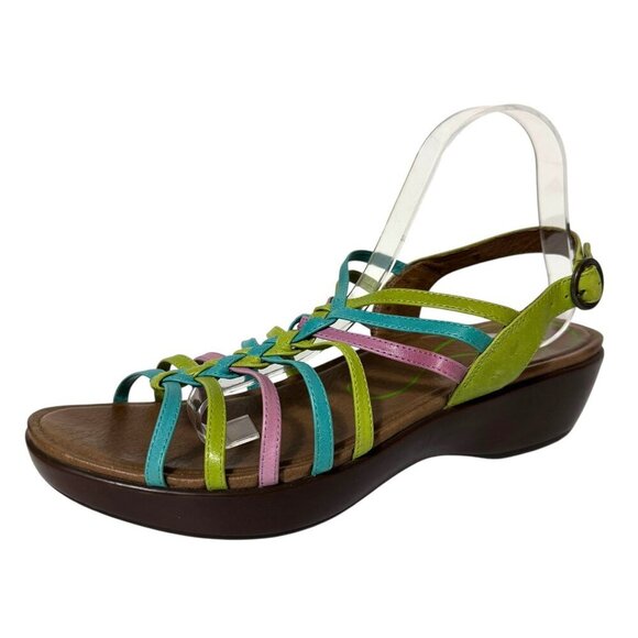 Dansko Dana Sandals Leather Pink Blue Green Strappy Wedge Womens Size 42 US 12 - Picture 16 of 16